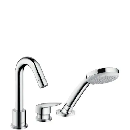 Hansgrohe Armatur mit drei Komponenten: ein hohes Auslaufrohr, ein Bedienhebel und eine Handbrause. Alle Teile in verchromter Ausführung.